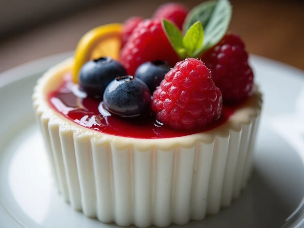 Berry-topped individual cheesecake with lemon zest