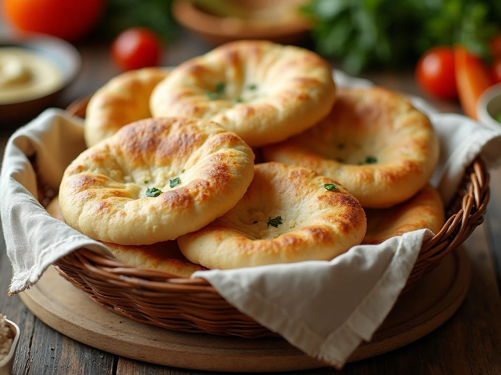 Stack of soft homemade pita breads with one open pocket