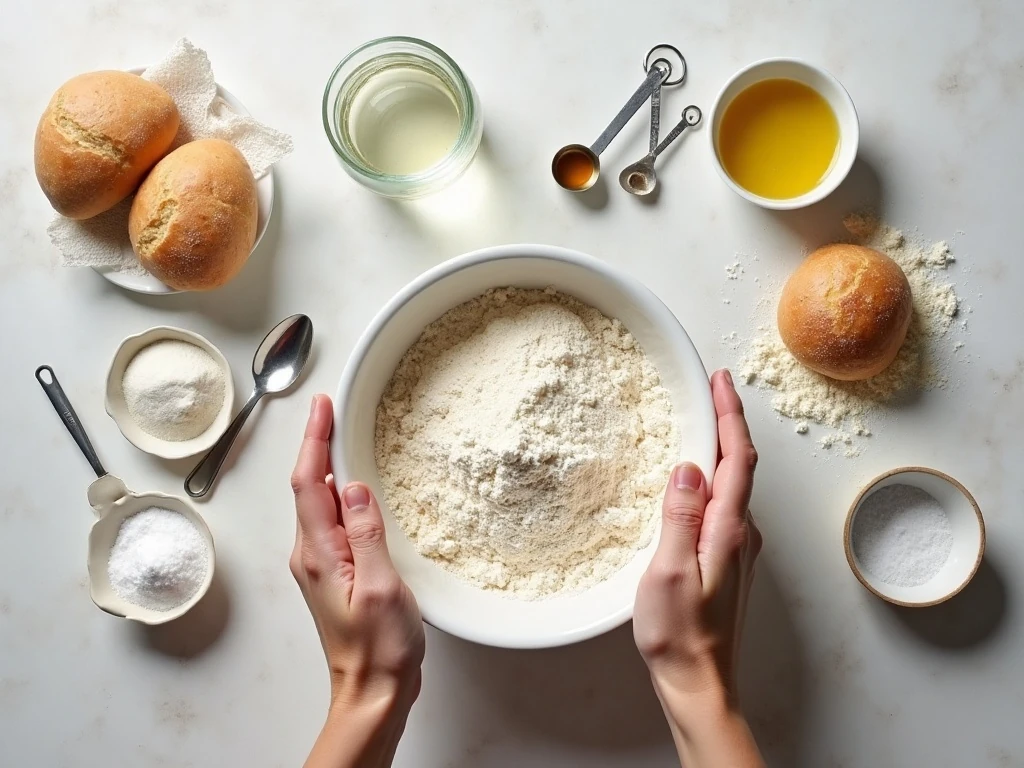 Ingredients for homemade soft pita bread arranged on a counter