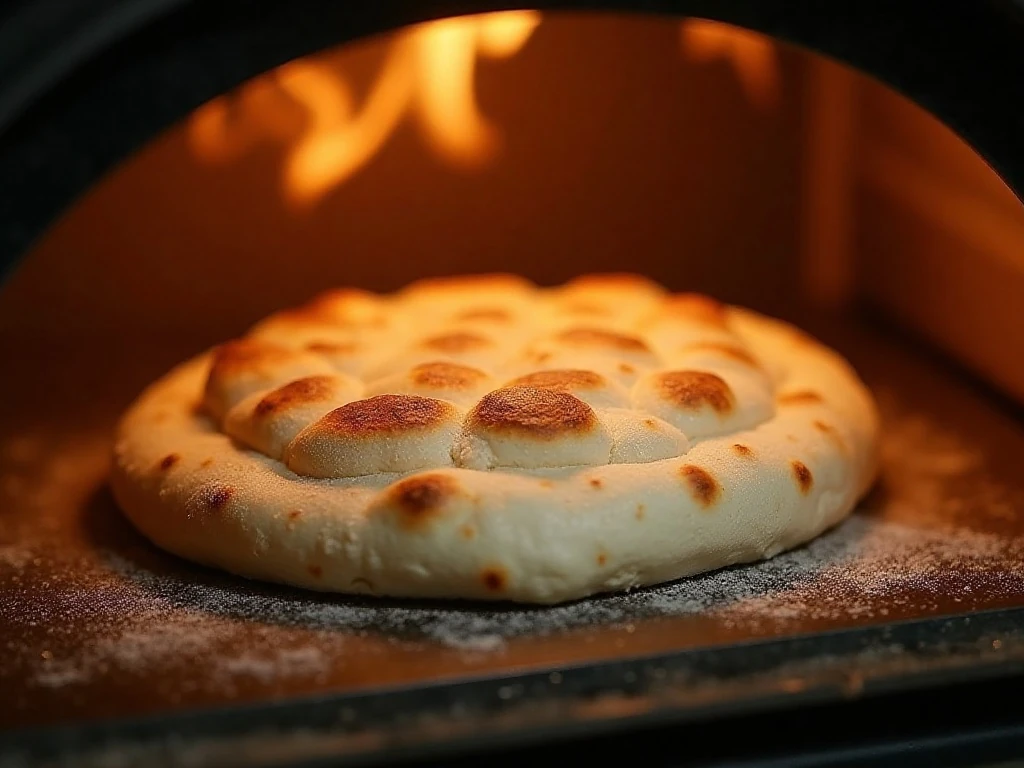 Pita bread puffing on a hot baking surface in the oven