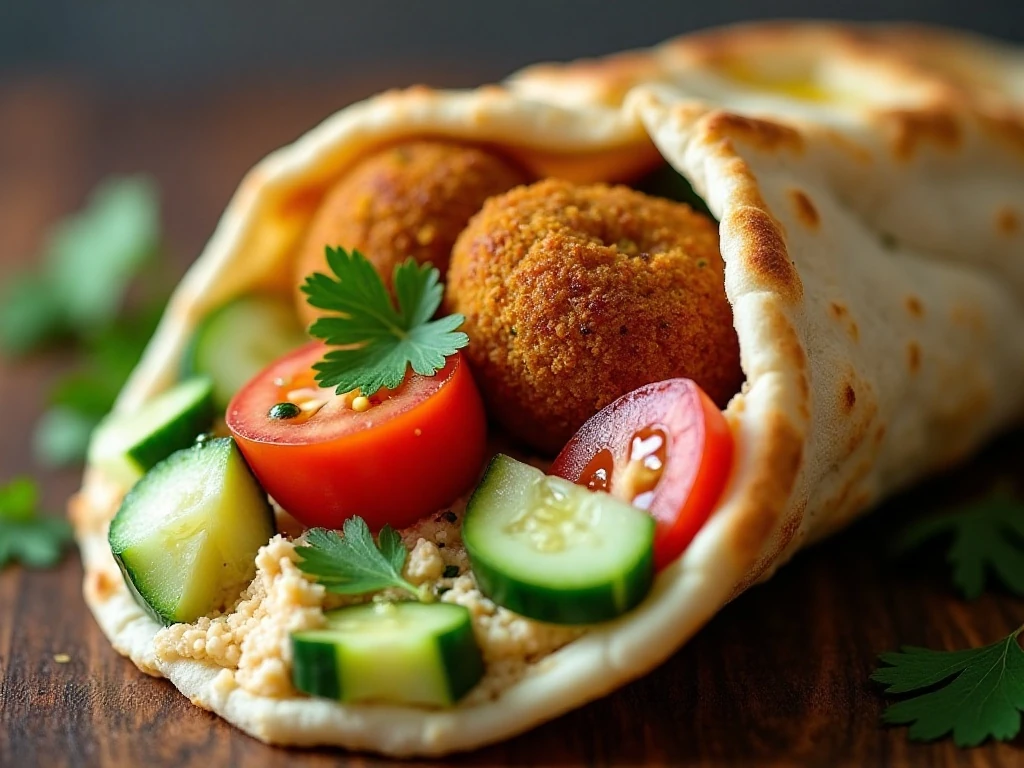 Homemade pita pocket filled with hummus, falafel, and fresh vegetables