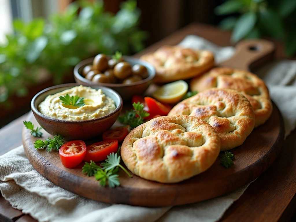 Warm homemade pitas served with hummus and Mediterranean accompaniments