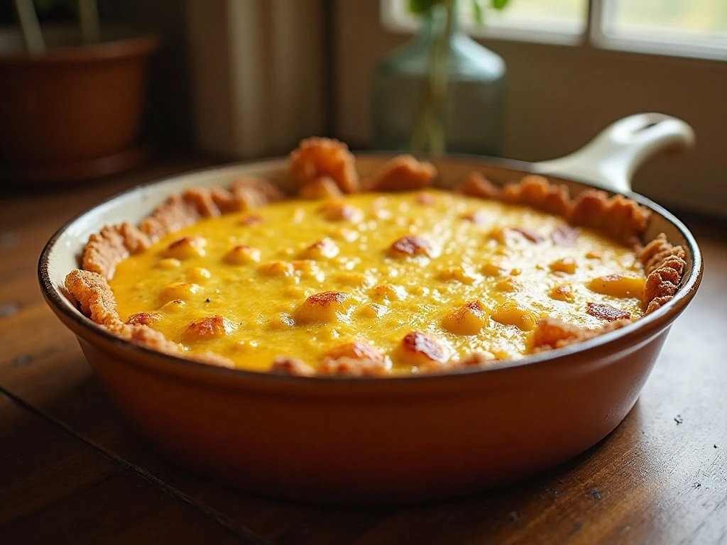 Golden yellow squash casserole ready for a cozy dinner