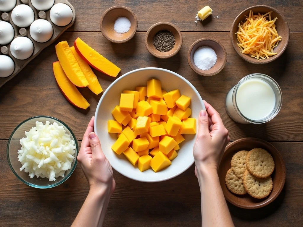 Ingredients for yellow squash casserole arranged for cooking