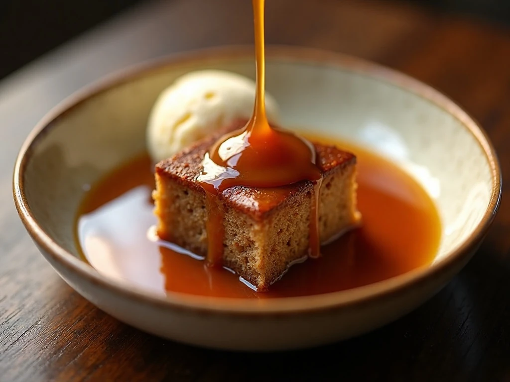 Warm sticky toffee pudding covered in glossy toffee sauce with vanilla ice cream