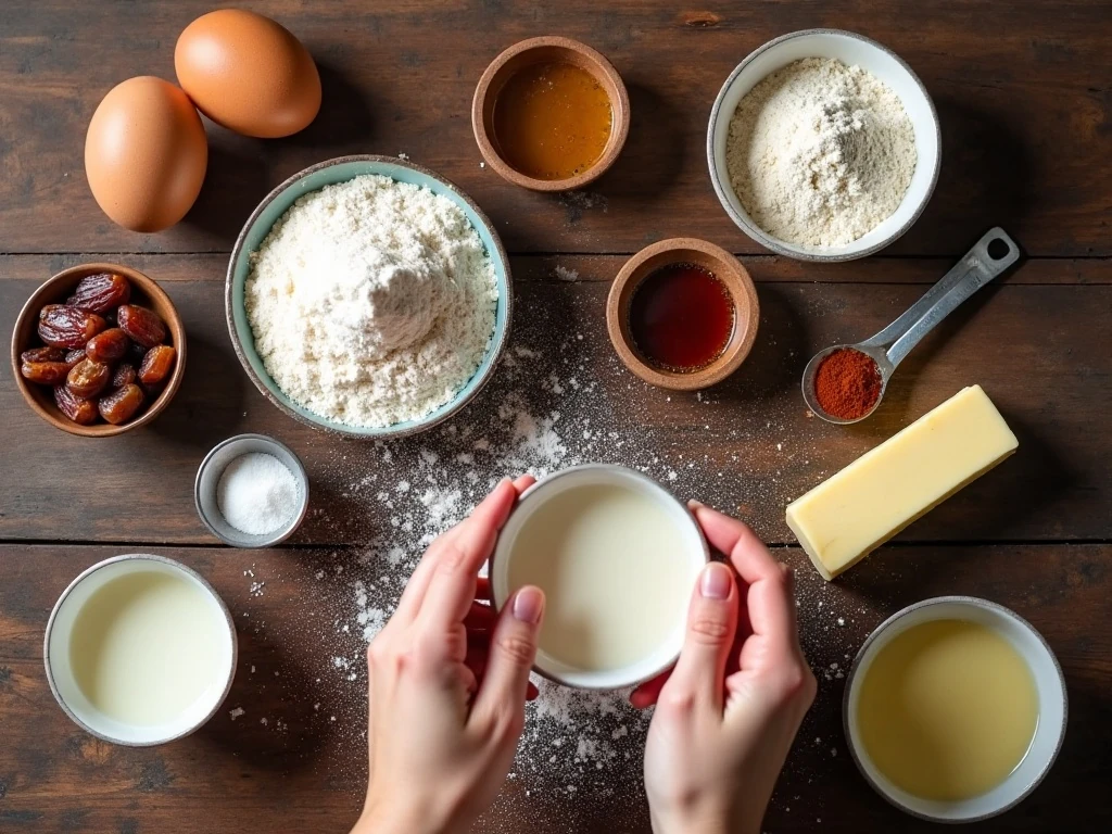 Ingredients for homemade sticky toffee pudding and toffee sauce