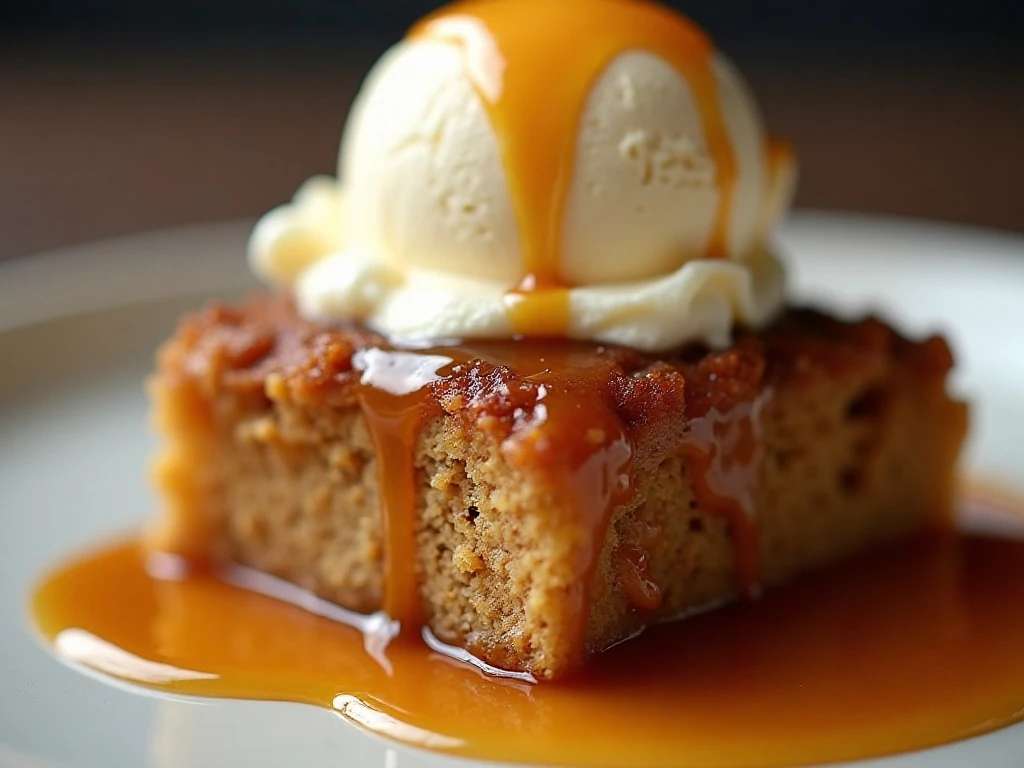 Close-up of sticky toffee pudding with caramel sauce and melting ice cream