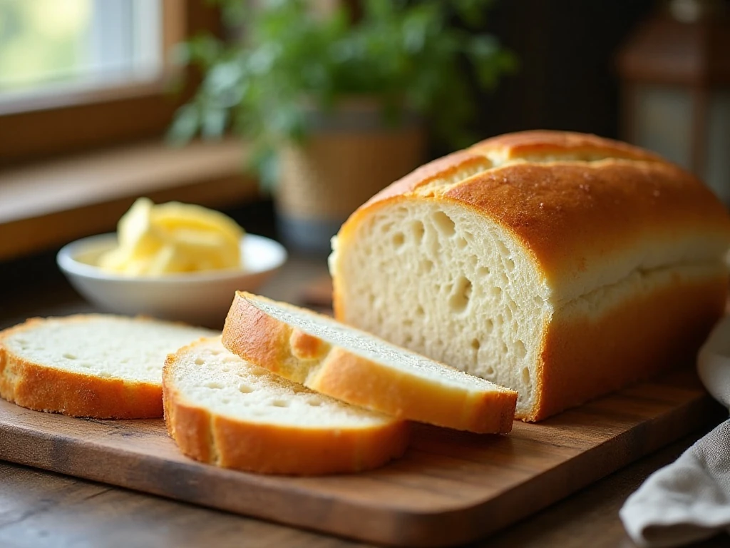 Fresh homemade white bread loaf with soft slices