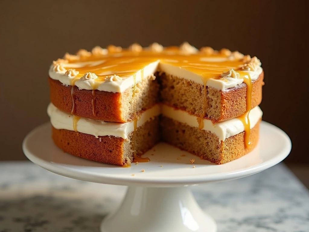Two-layer butterscotch cake with brown-sugar crumb and golden frosting