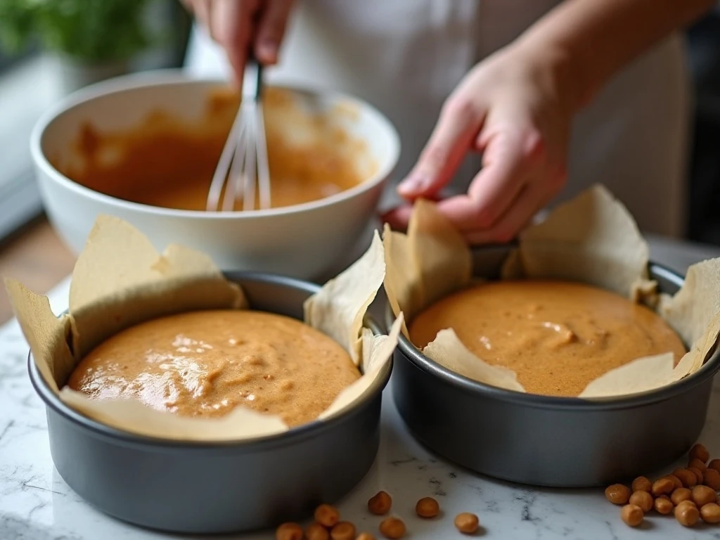 Butterscotch cake batter in prepared round cake pans