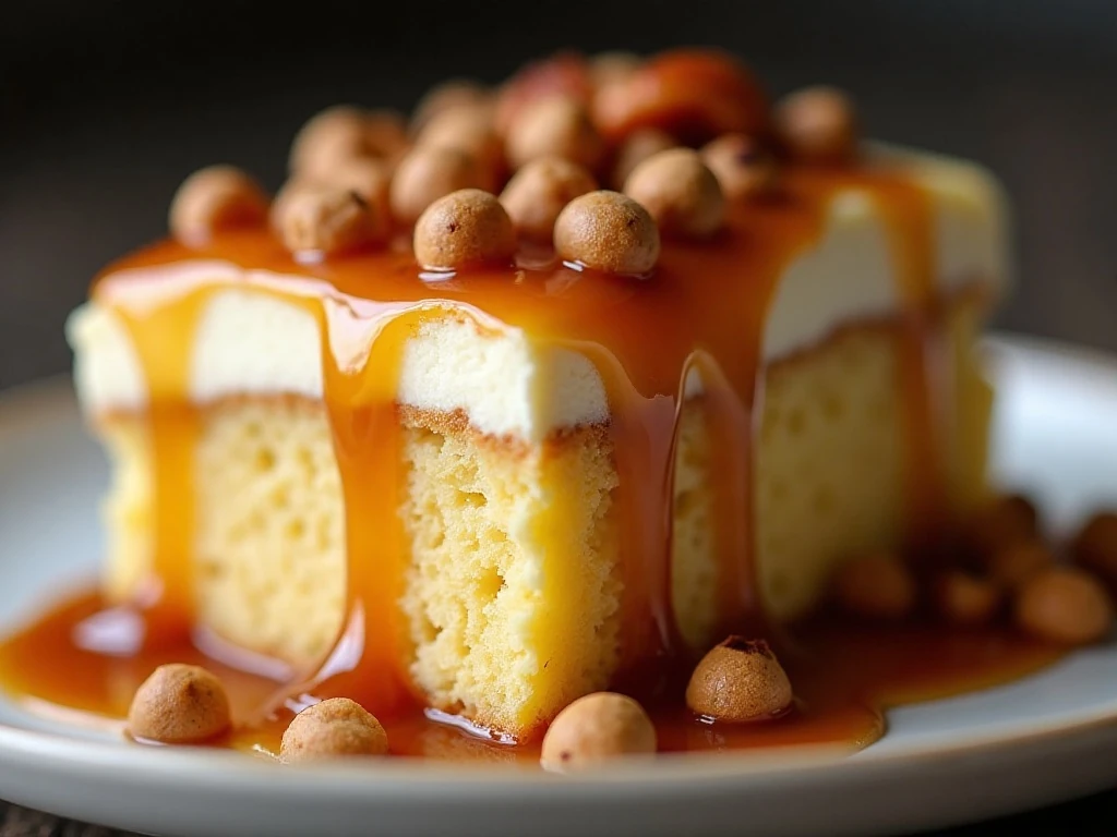 Butterscotch sauce, toasted pecans, and chips decorating cake