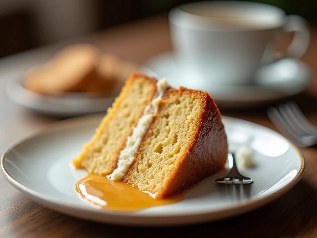 Served slice of butterscotch cake with extra sauce