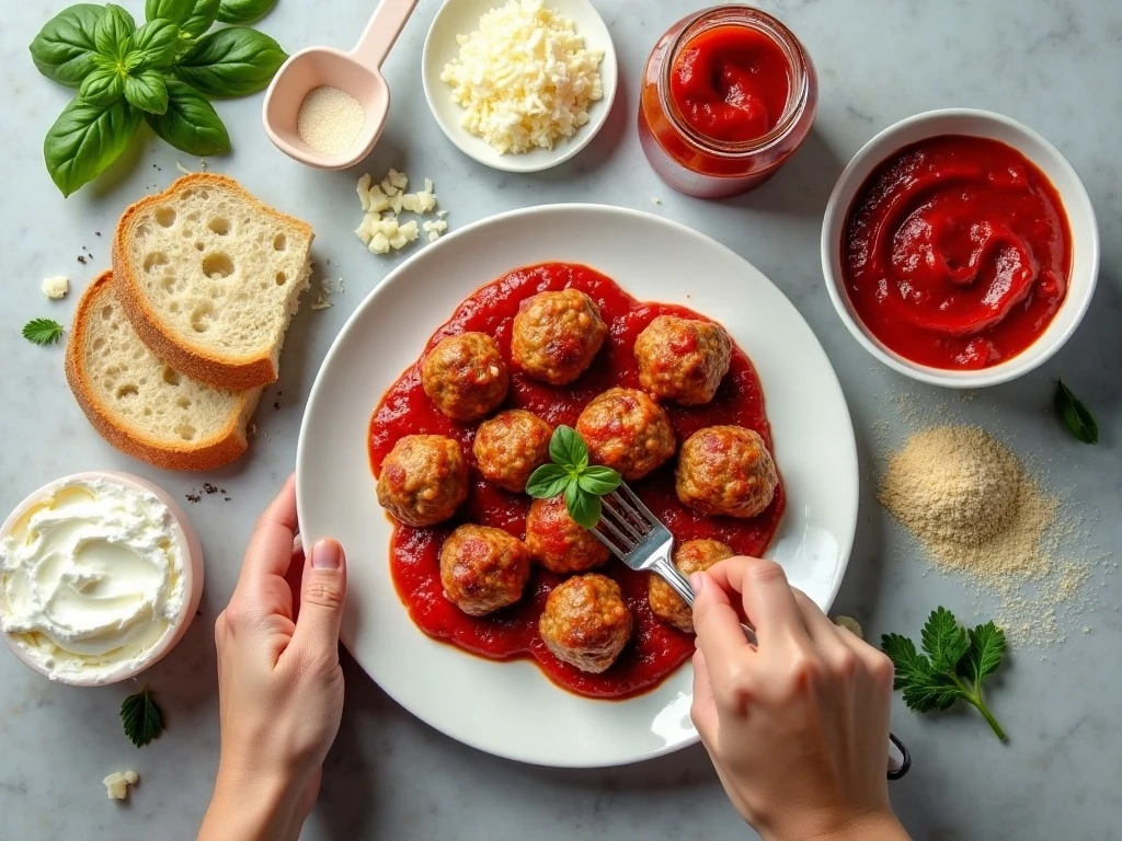 Ingredients for cheesy layered meatball dip arranged for cooking