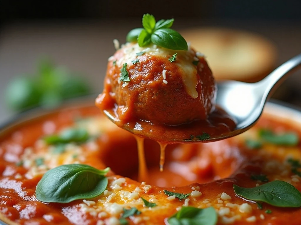 Scoop of cheesy meatball dip with fresh herbs and toasted bread