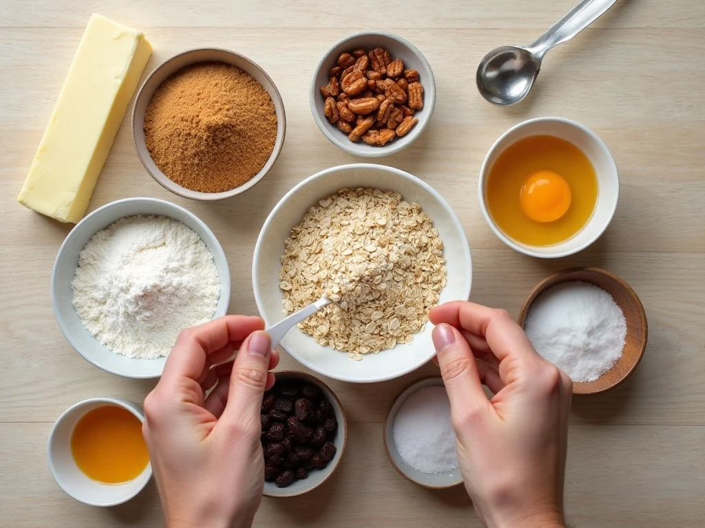 Ingredients for chewy oatmeal raisin cookies
