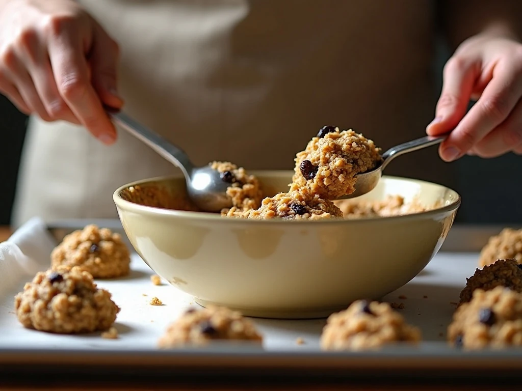 Portioning oatmeal raisin cookie dough onto a baking sheet