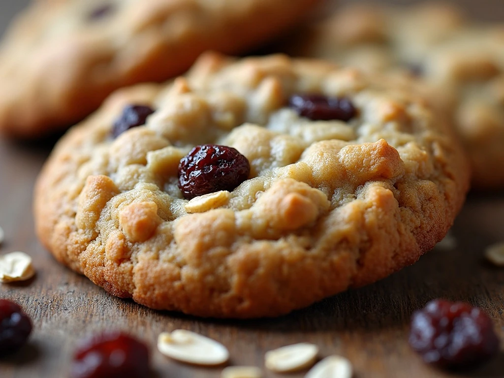 Close-up of the chewy center and golden edge of an oatmeal raisin cookie