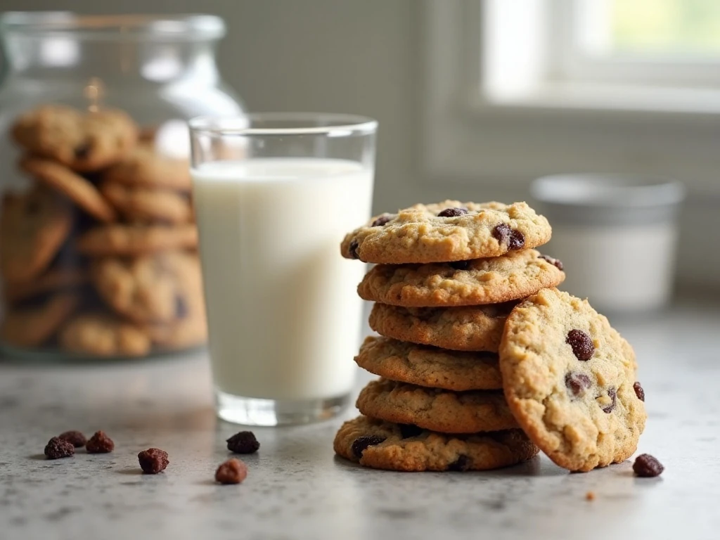 Oatmeal raisin cookies served with milk and stored in a container