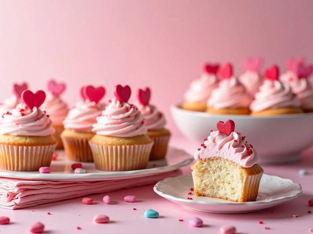 Personalized conversation heart cupcakes arranged on a Valentine’s Day dessert table