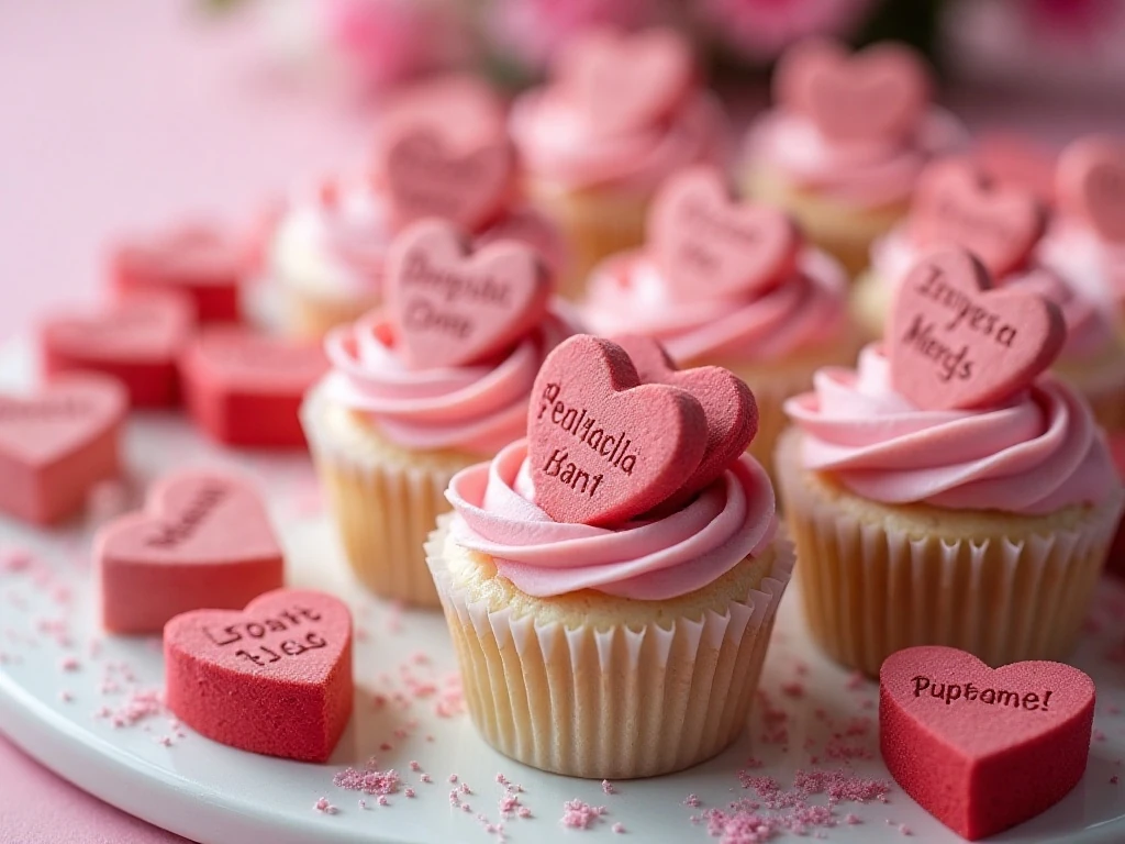 Conversation heart cupcakes ready for a Valentine’s Day party