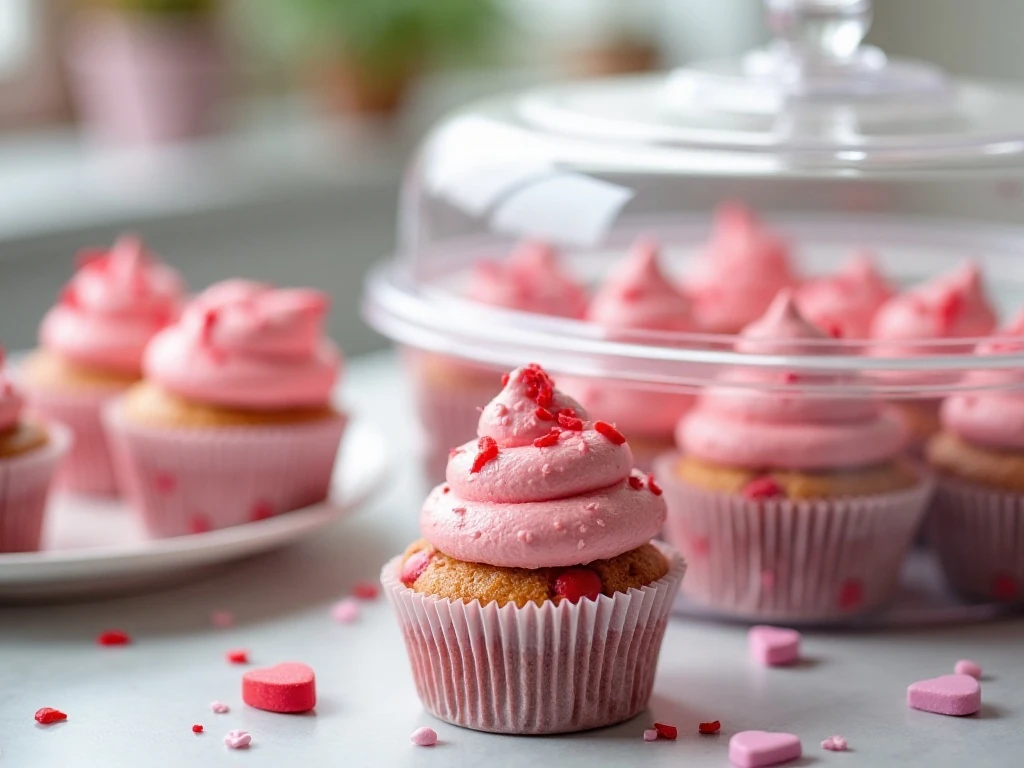 Decorated conversation heart cupcakes stored in a covered container