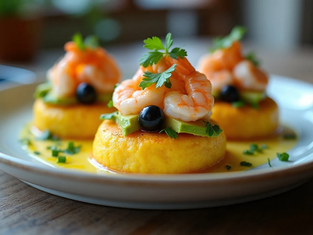 Layered Peruvian shrimp causa appetizer with potato, avocado, and shrimp filling