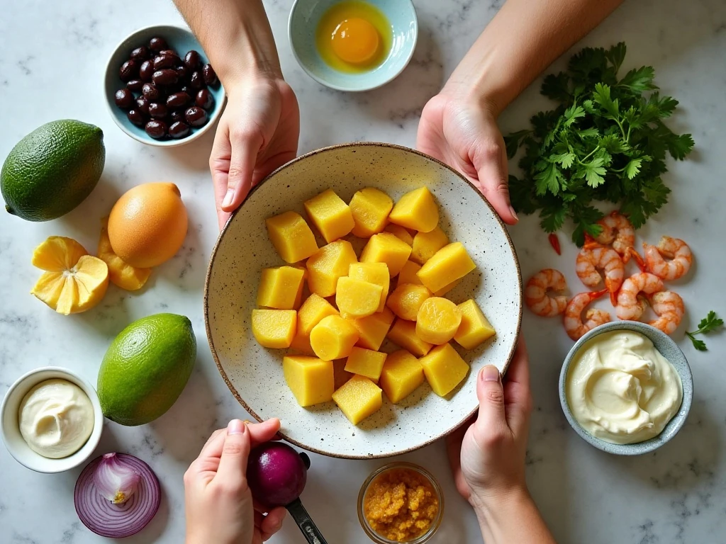 Ingredients for Peruvian shrimp causa arranged for cooking