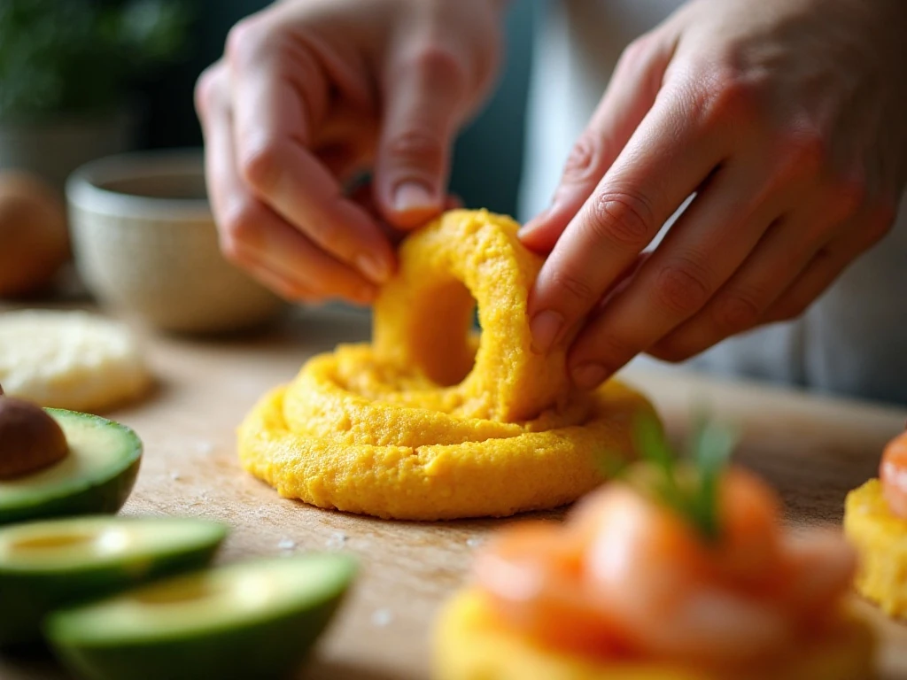 Assembling layers of potato, avocado, and shrimp for causa