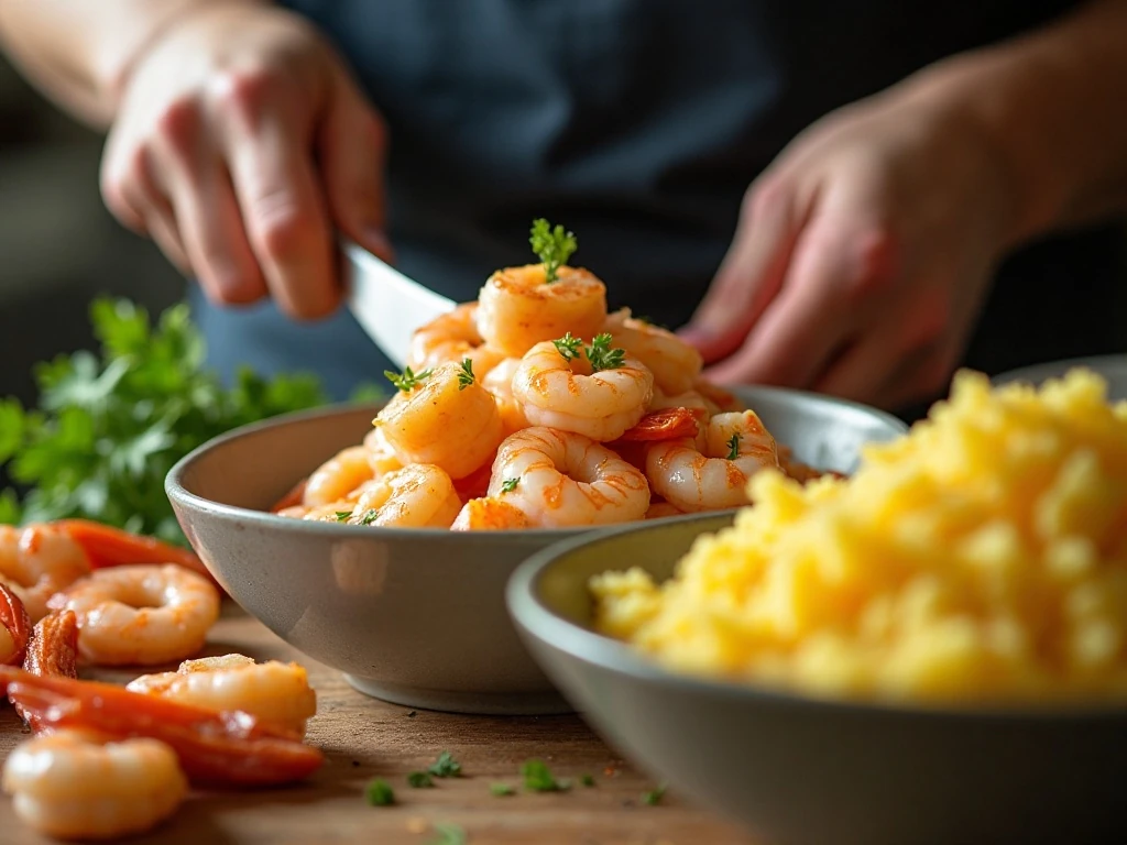 Preparing tender shrimp and smooth potato mixture for causa