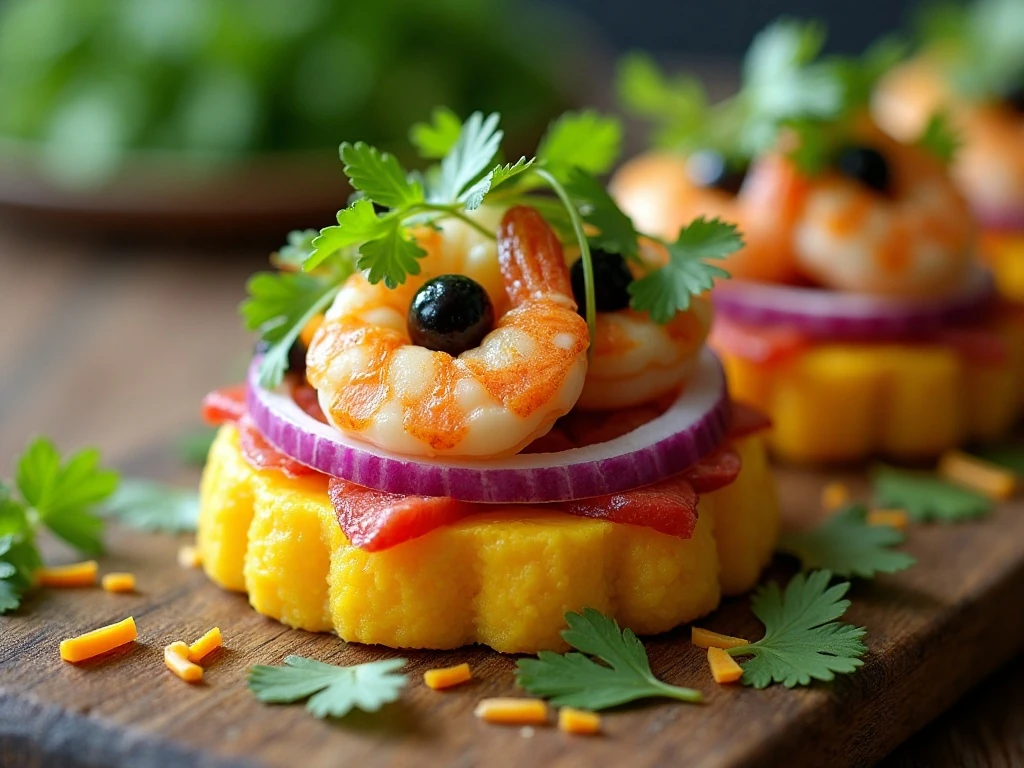 Close-up garnish detail on a Peruvian shrimp causa