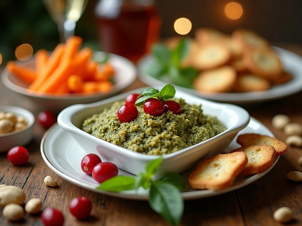 Festive pesto and cranberry layered dip served with crackers and vegetables