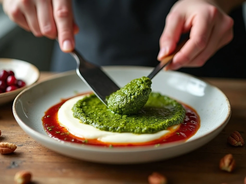 Spreading pesto over the creamy base of a layered holiday dip
