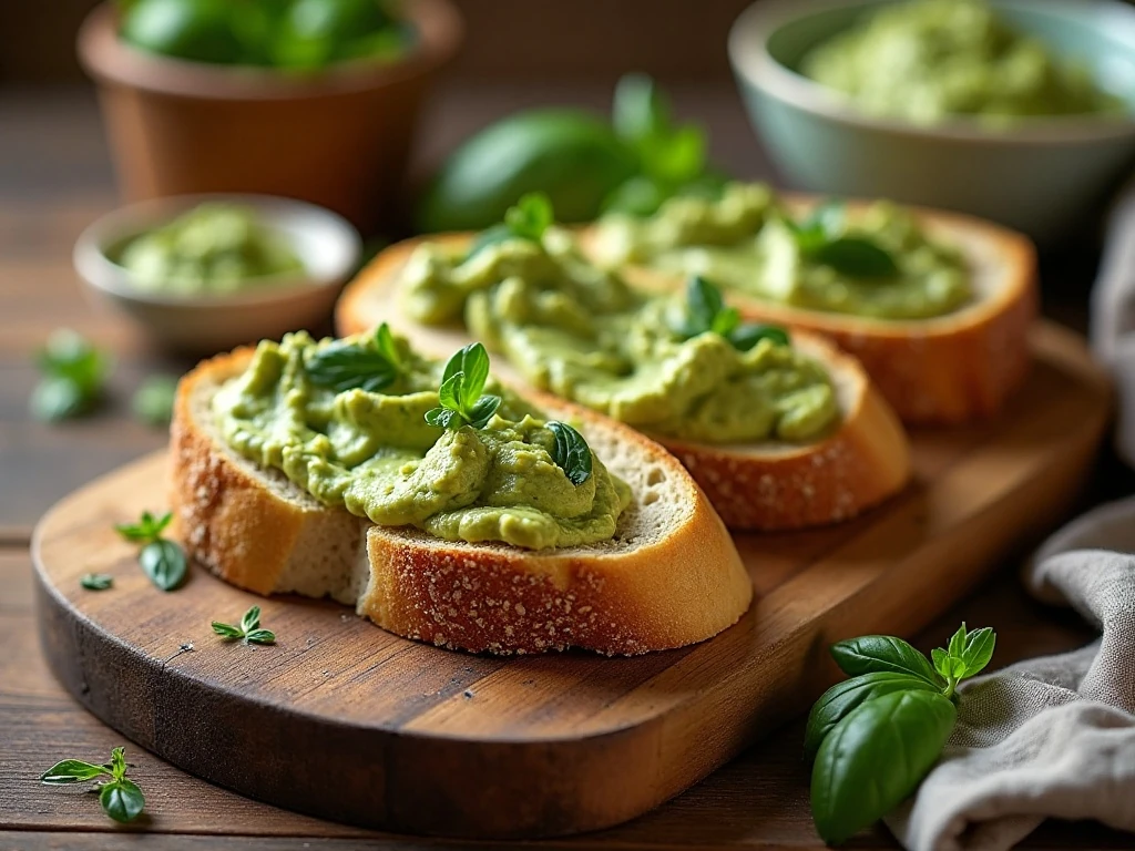Creamy basil pesto butter spread on toasted crusty bread