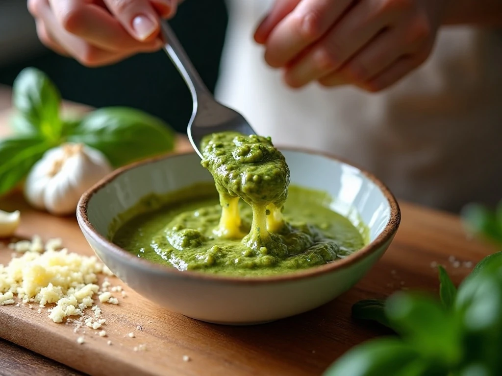 Mixing softened butter and basil pesto in a bowl