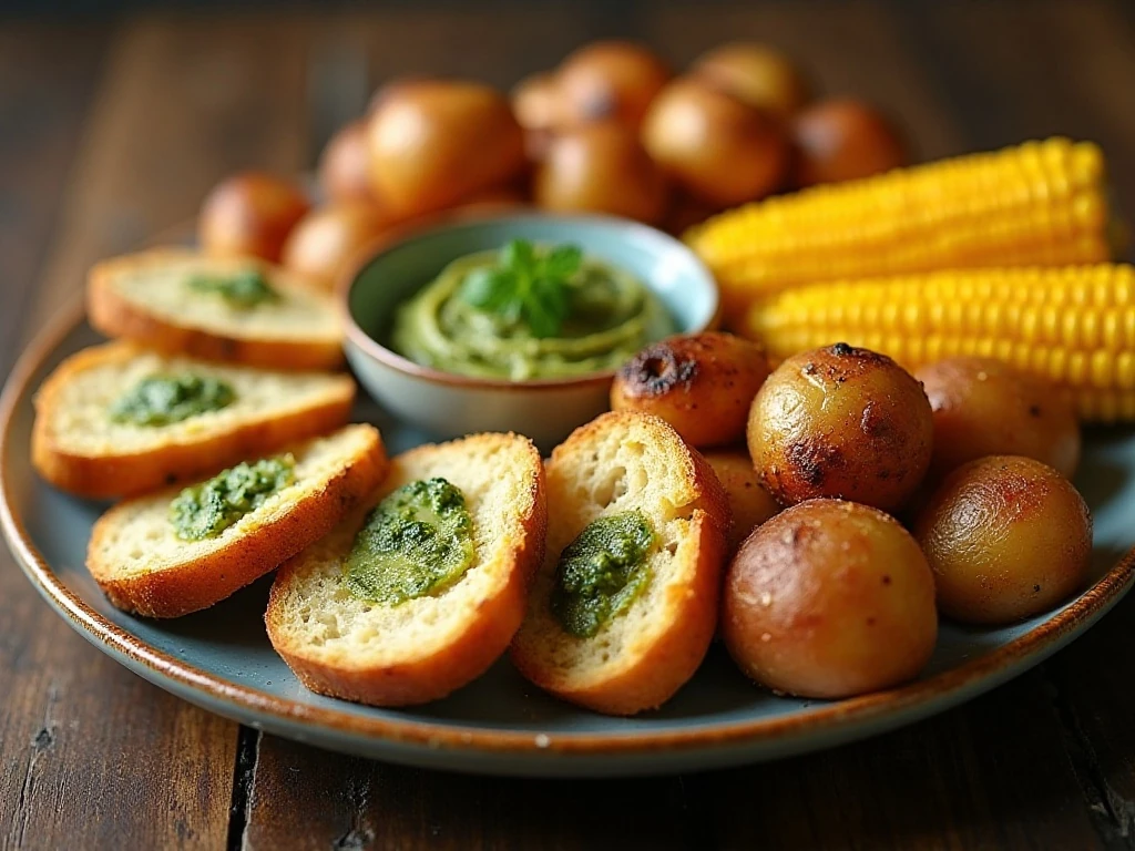 Pesto butter melting over grilled corn, potatoes, chicken, and bread