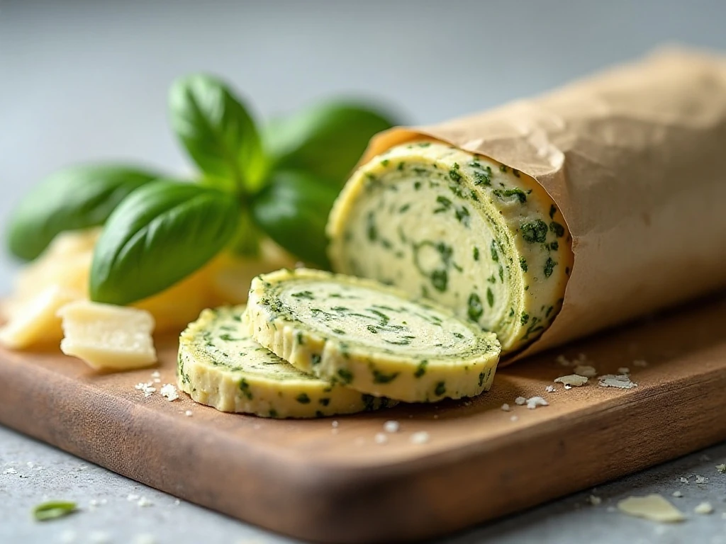 Parchment-wrapped pesto butter log with sliced portions