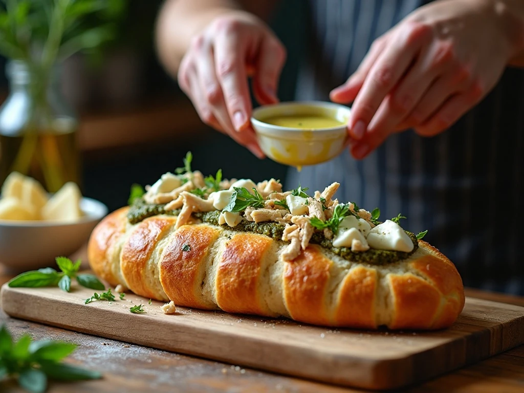 Filling crosshatched bread with pesto chicken and mozzarella