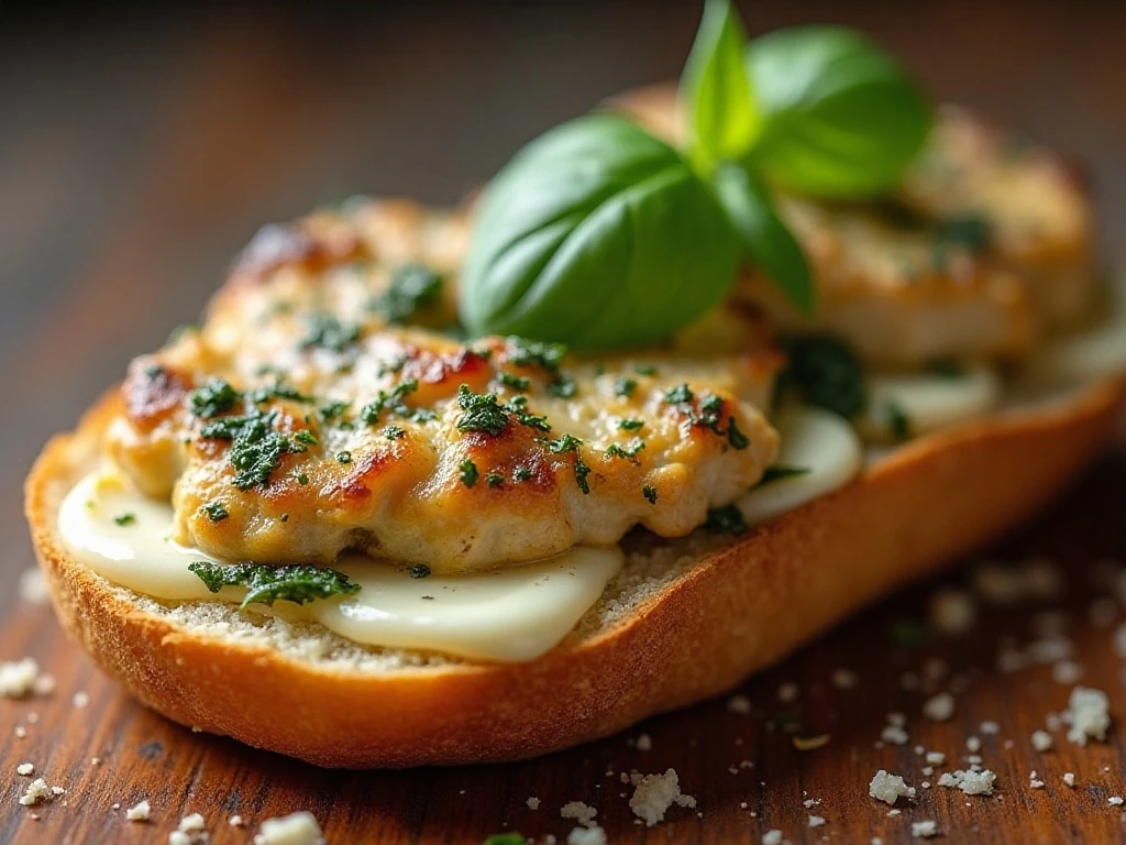 Close-up of cheesy pesto chicken bread with basil