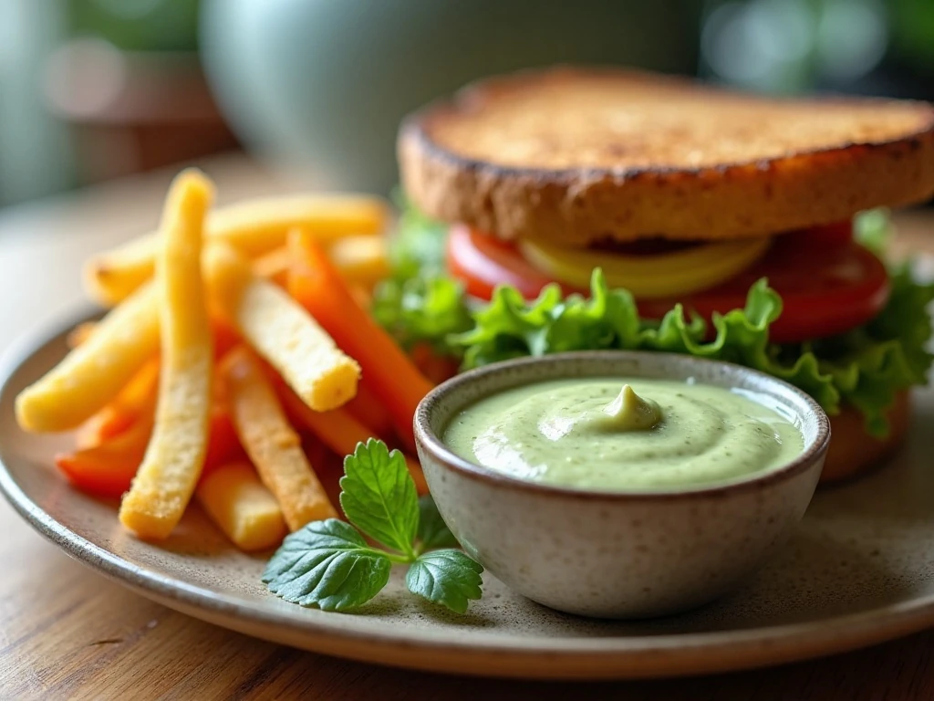 Creamy pesto mayonnaise served with a sandwich, fries, and fresh vegetables