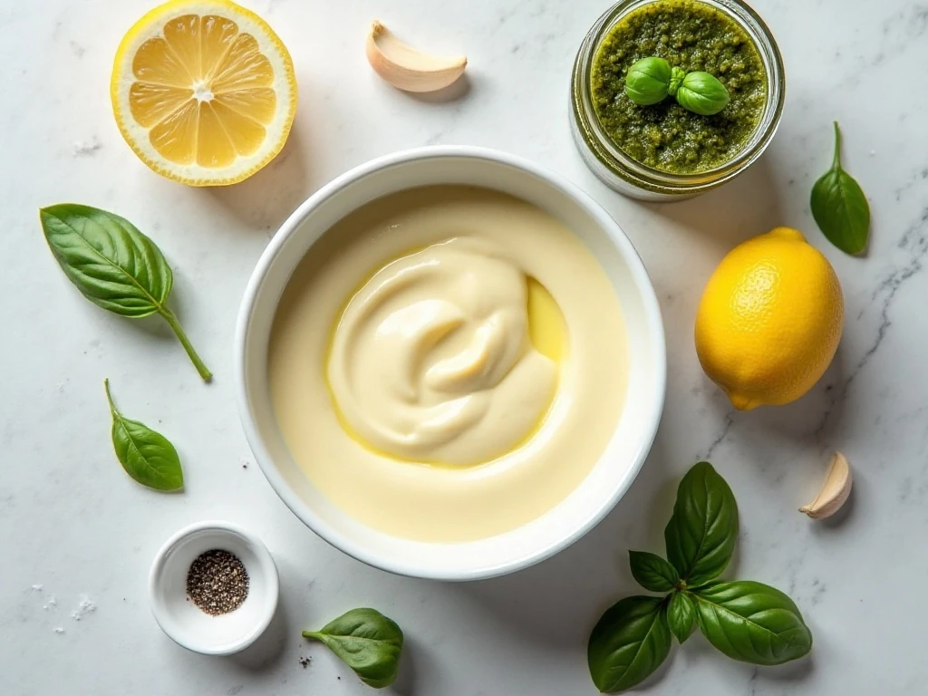 Ingredients for five-minute creamy pesto mayonnaise