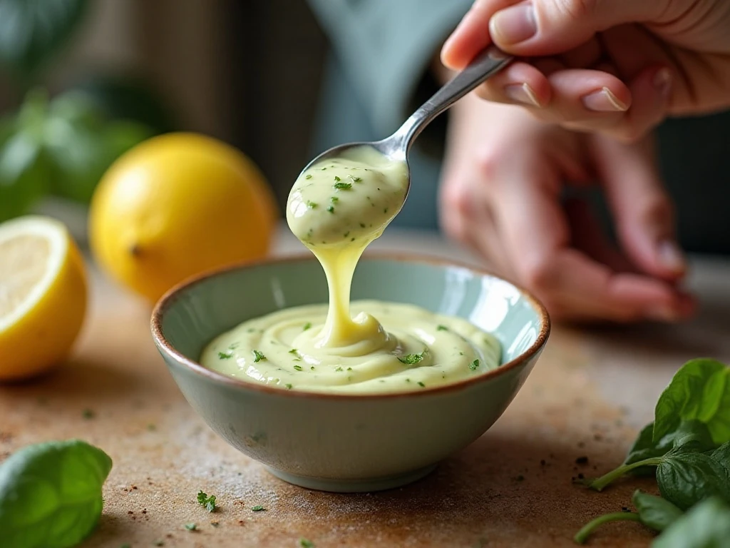 Stirring mayonnaise and pesto together in a bowl
