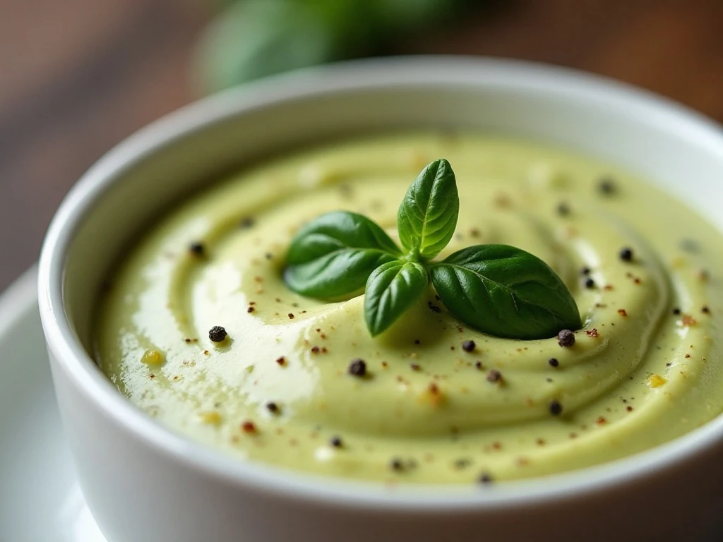 Close-up of basil pesto mayonnaise with fresh basil and pepper