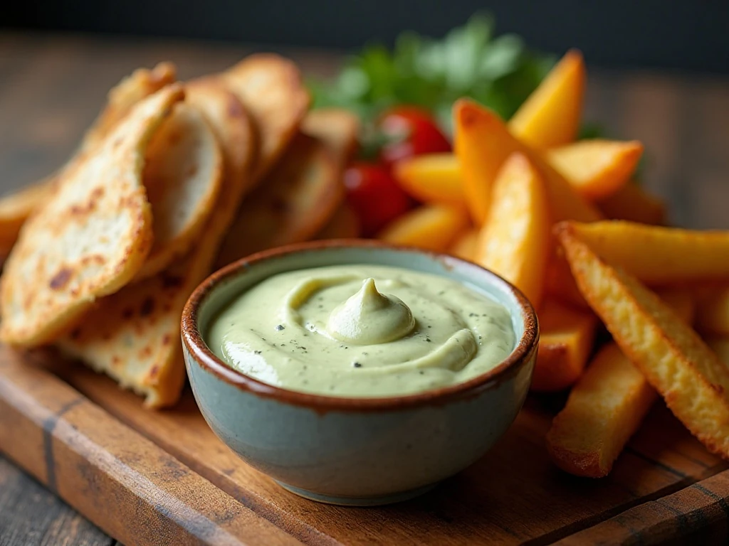 Creamy pesto mayonnaise served as a dip with potatoes, chicken, and vegetables