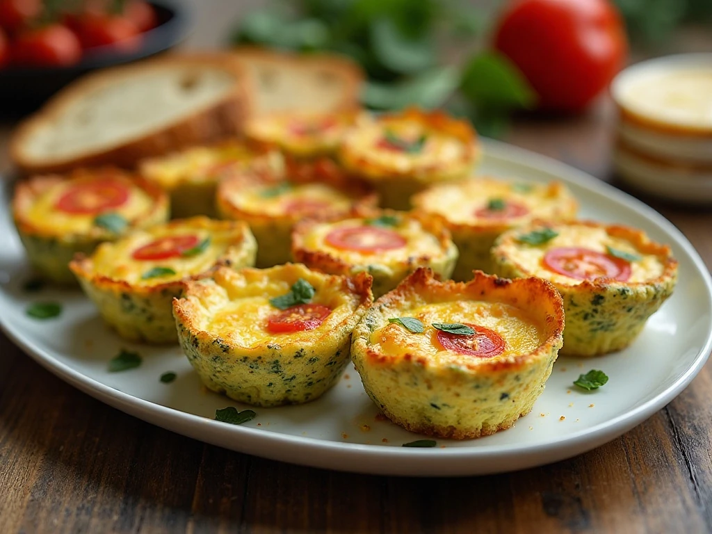 Platter of golden pesto omelet cups served for breakfast