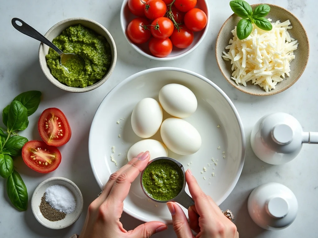 Ingredients for pesto omelet cups arranged in a flat lay