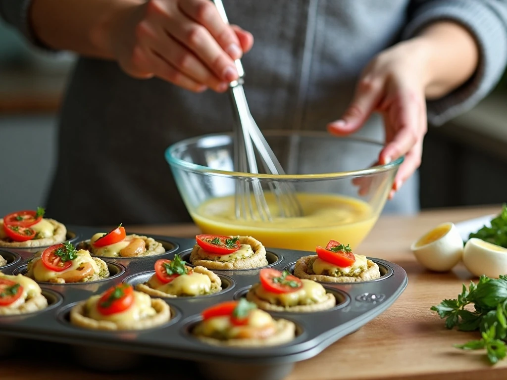 Whisking pesto egg mixture beside a muffin tin