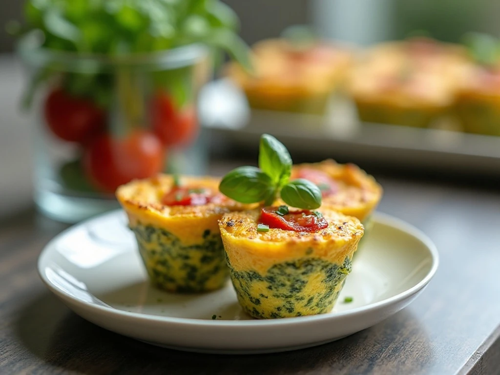 Pesto omelet cup with basil garnish beside stored portions