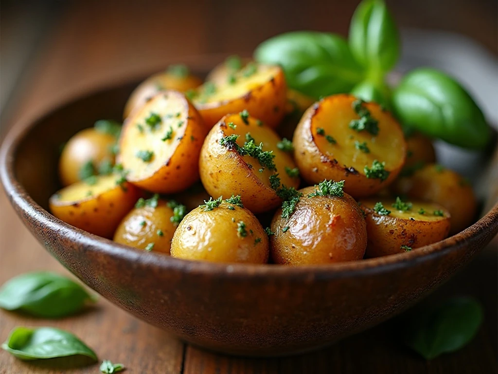 Golden pesto oven roasted red potatoes served in a bowl