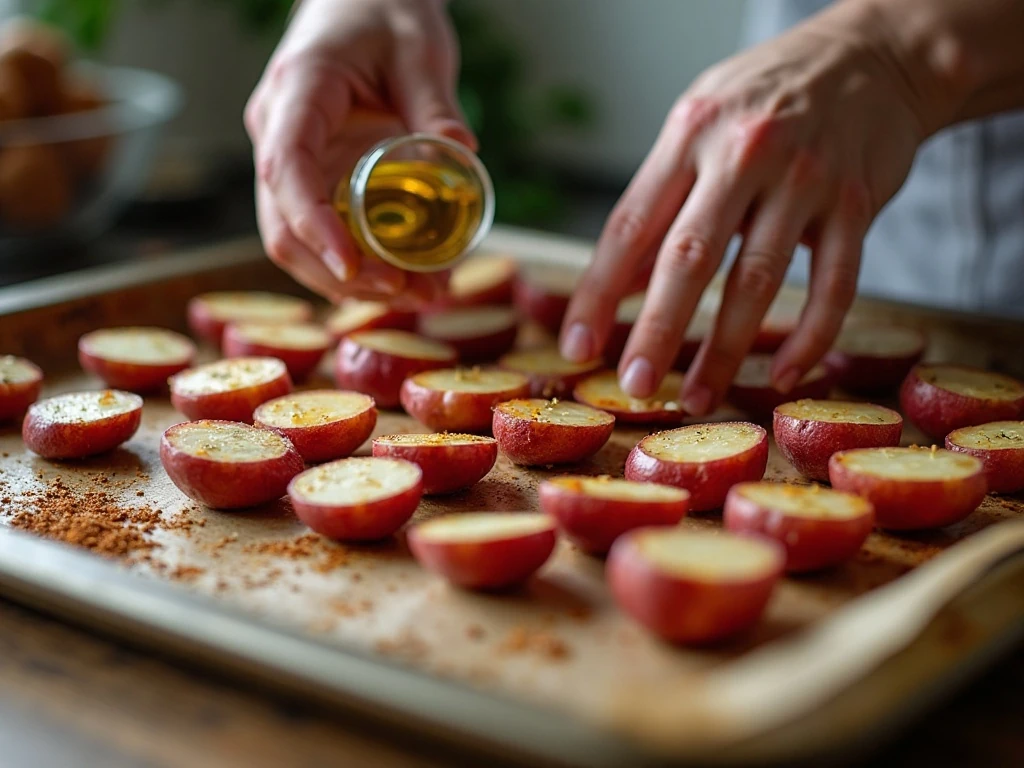 Red potatoes arranged on a baking sheet for roasting