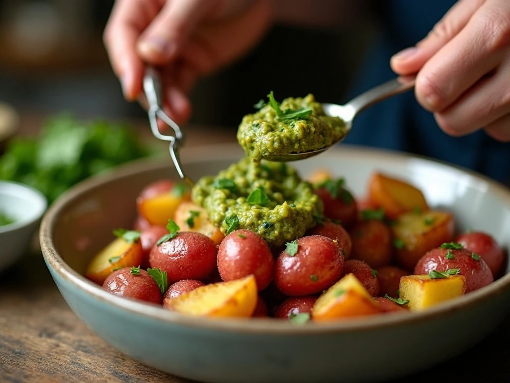 Crisp roasted potatoes ready to be tossed with pesto
